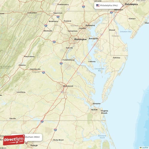 Raleigh/Durham - Philadelphia direct flight map