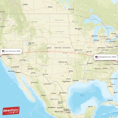 Raleigh/Durham - San Francisco direct flight map