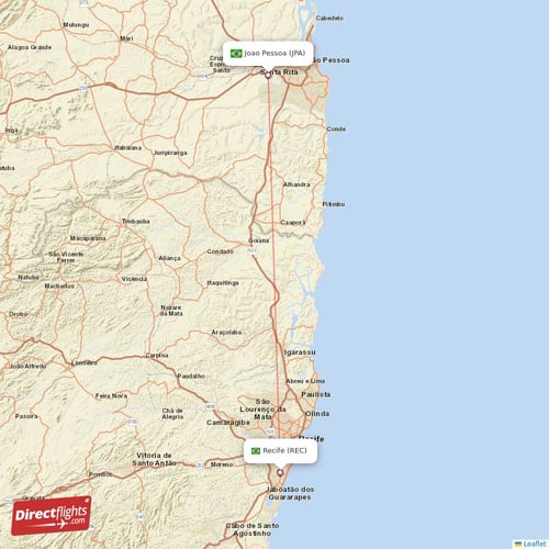 Recife - Joao Pessoa direct flight map