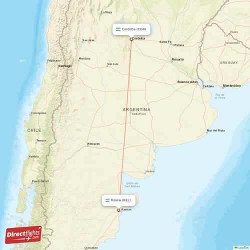 Trelew - Cordoba direct flight map