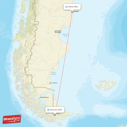 Trelew - Ushuaia direct flight map