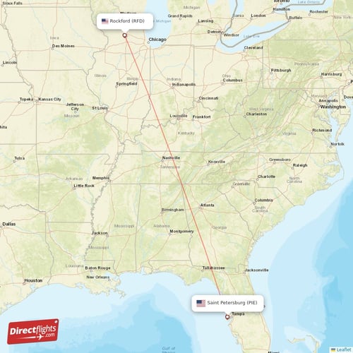 Rockford - Saint Petersburg direct flight map