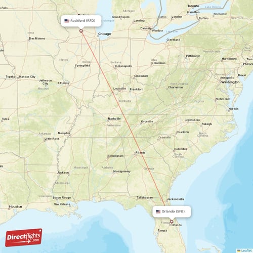 Rockford - Orlando direct flight map