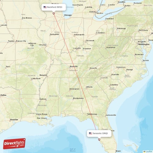 Rockford - Sarasota direct flight map