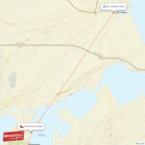 Rio Gallegos - Punta Arenas direct flight map