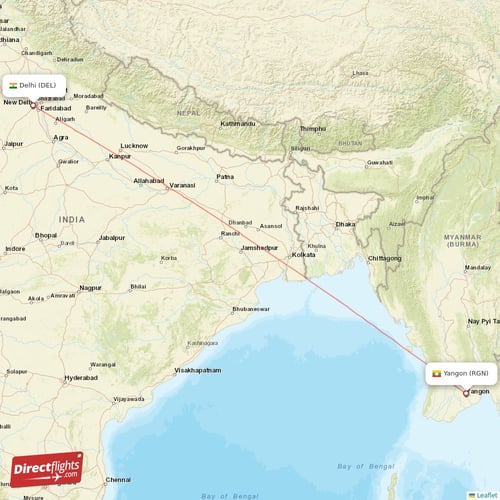 Yangon - Delhi direct flight map