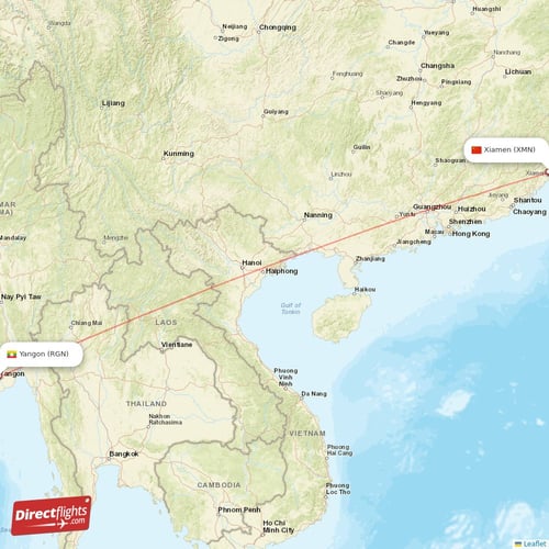 Yangon - Xiamen direct flight map