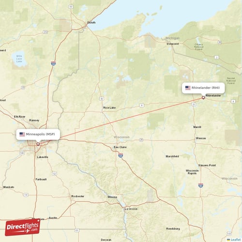 Rhinelander - Minneapolis direct flight map