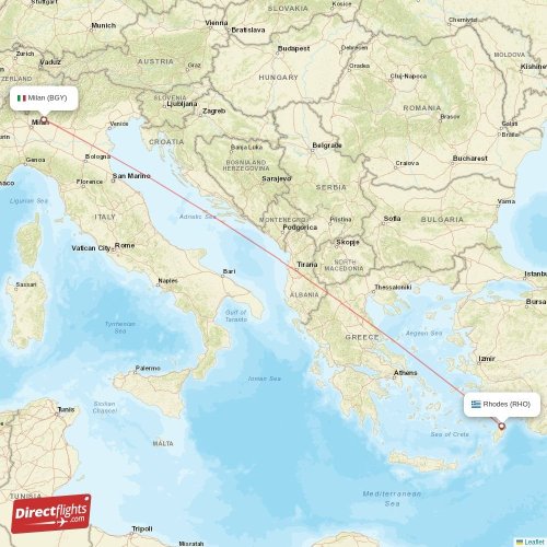 Rhodes - Milan direct flight map