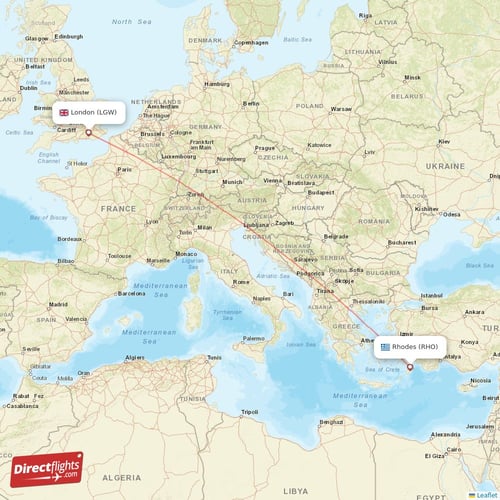 Rhodes - London direct flight map