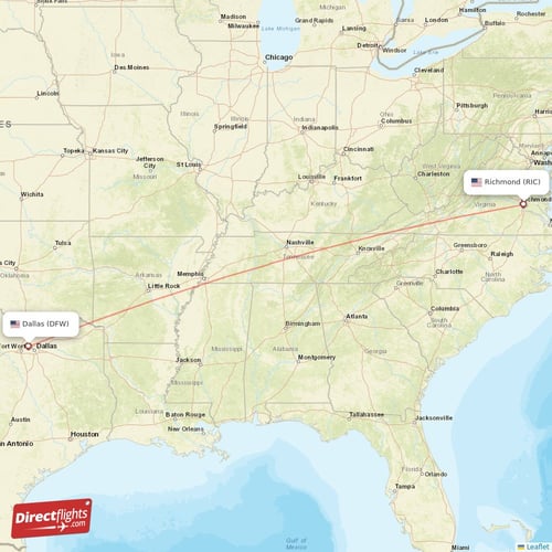 Richmond - Dallas direct flight map