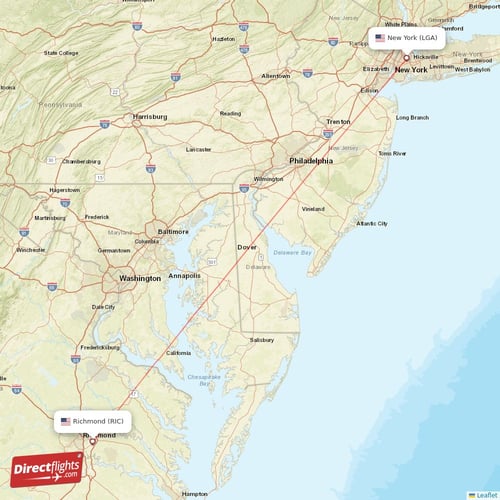 Richmond - New York direct flight map