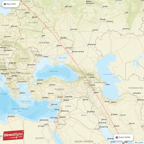 Riga - Dubai direct flight map