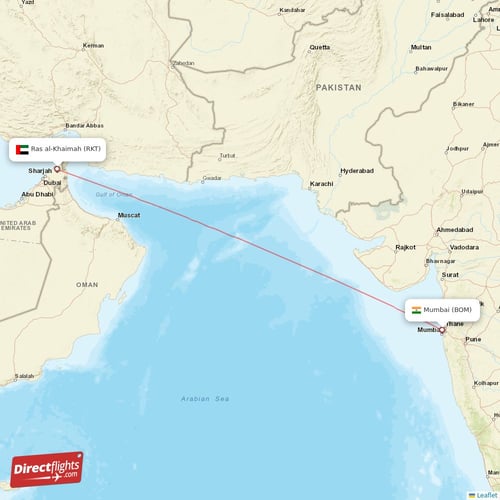 Ras al-Khaimah - Mumbai direct flight map
