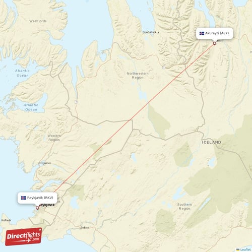 Reykjavik - Akureyri direct flight map