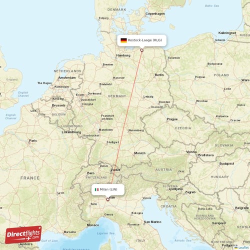 Rostock-Laage - Milan direct flight map