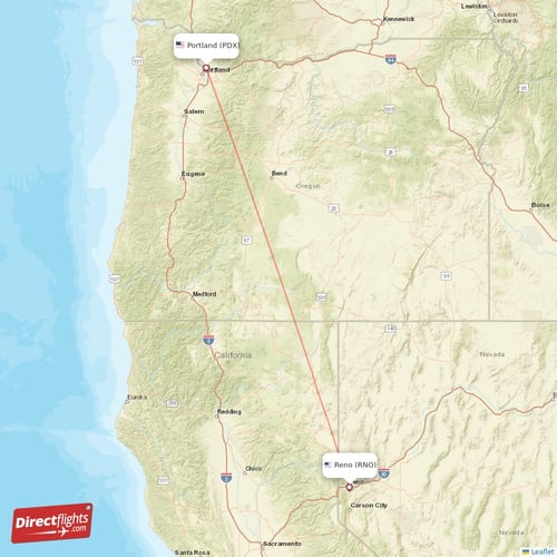 Reno - Portland direct flight map