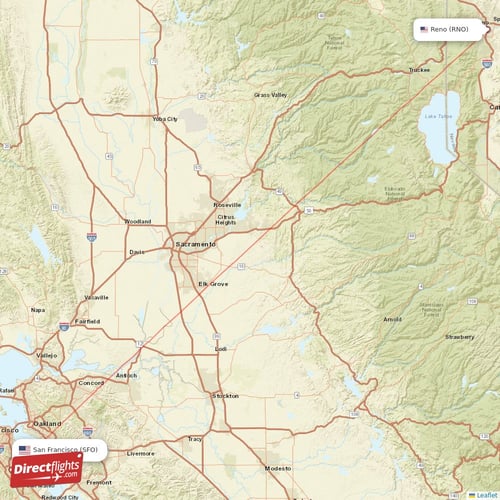 Reno - San Francisco direct flight map