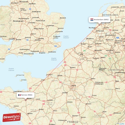 Rennes - Amsterdam direct flight map