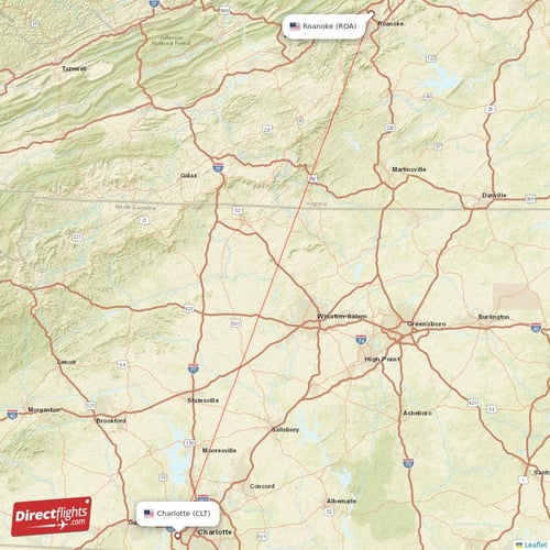 Roanoke - Charlotte direct flight map