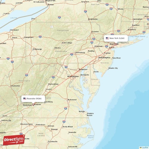 Roanoke - New York direct flight map