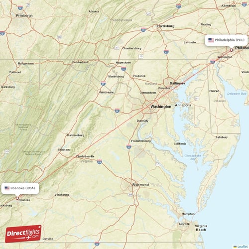 Roanoke - Philadelphia direct flight map