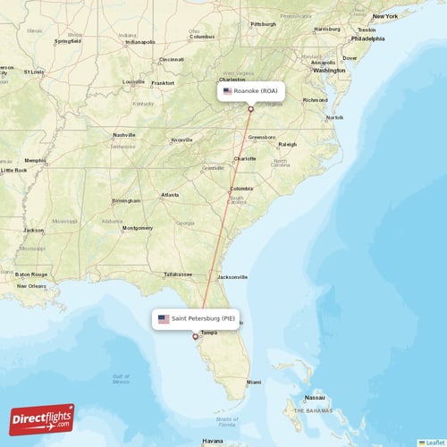 Roanoke - Saint Petersburg direct flight map