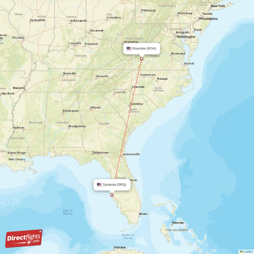 Roanoke - Sarasota direct flight map