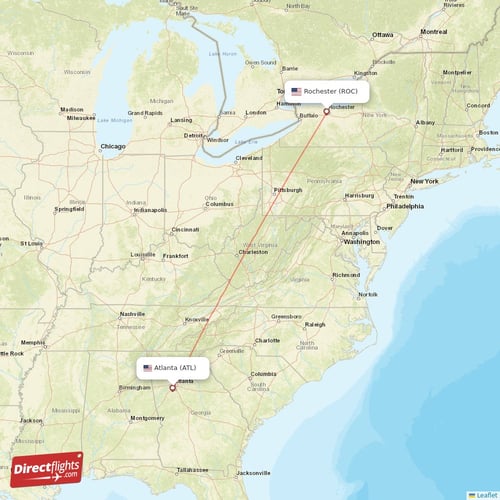 Rochester - Atlanta direct flight map