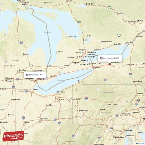 Rochester - Detroit direct flight map