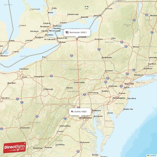 Rochester - Dulles direct flight map
