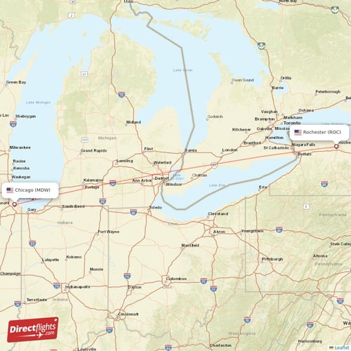 Rochester - Chicago direct flight map