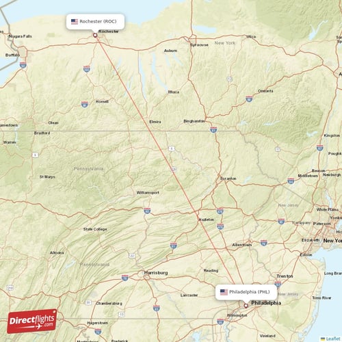 Rochester - Philadelphia direct flight map