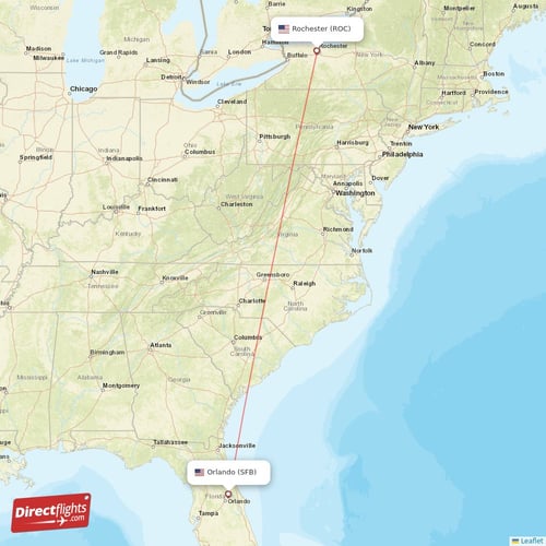 Rochester - Orlando direct flight map