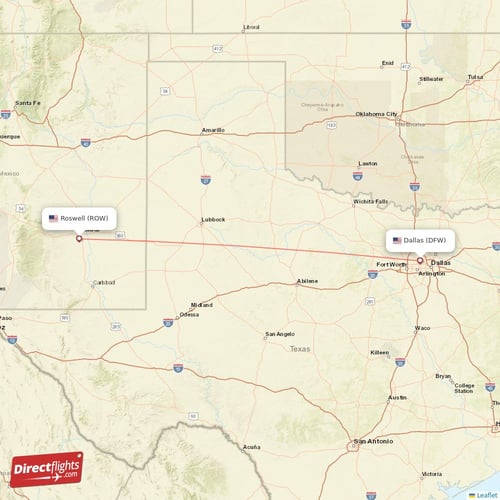 Roswell - Dallas direct flight map