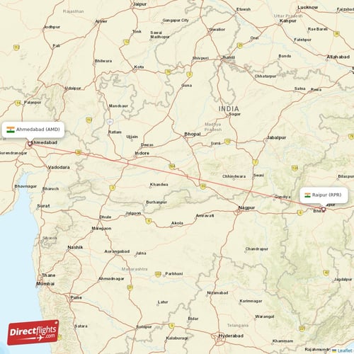Raipur - Ahmedabad direct flight map