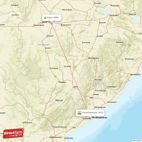 Raipur - Vishakhapatnam direct flight map