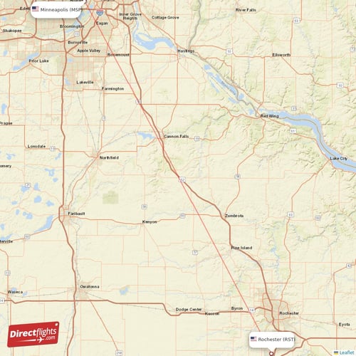 Rochester - Minneapolis direct flight map