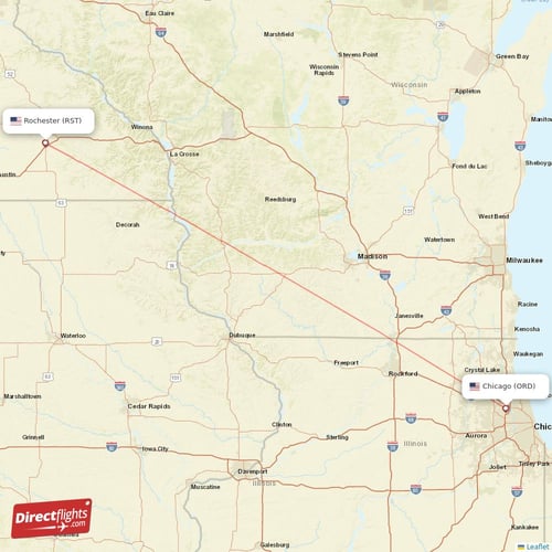Rochester - Chicago direct flight map