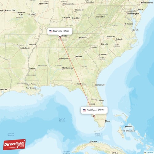 Fort Myers - Nashville direct flight map