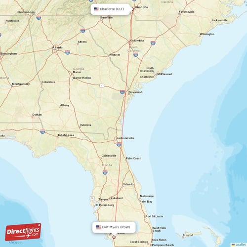 Fort Myers - Charlotte direct flight map