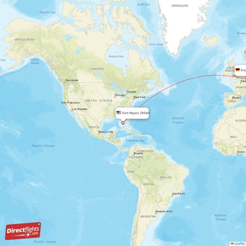 Fort Myers - Frankfurt direct flight map