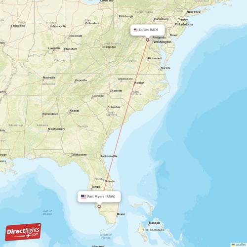 Fort Myers - Dulles direct flight map