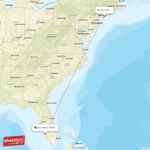 Fort Myers - Islip direct flight map
