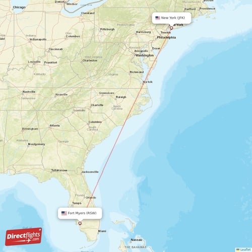 Fort Myers - New York direct flight map