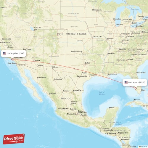 Fort Myers - Los Angeles direct flight map