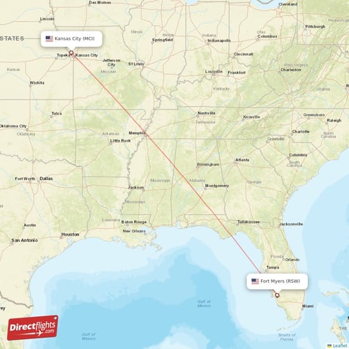 Fort Myers - Kansas City direct flight map