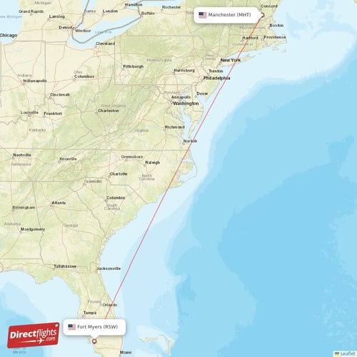 Fort Myers - Manchester direct flight map