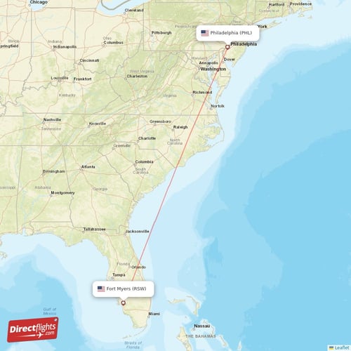 Fort Myers - Philadelphia direct flight map
