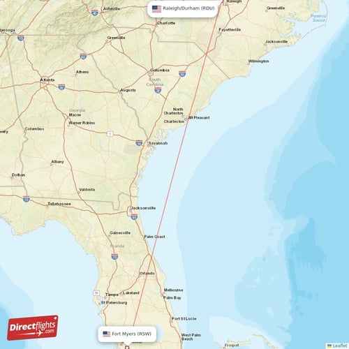 Fort Myers - Raleigh/Durham direct flight map
